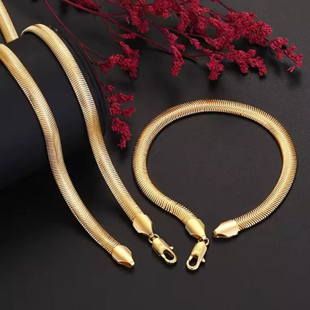 18K Gold Plated Necklace Bracelet Set 6mm Snake Chain Birthday Anniversary Gift